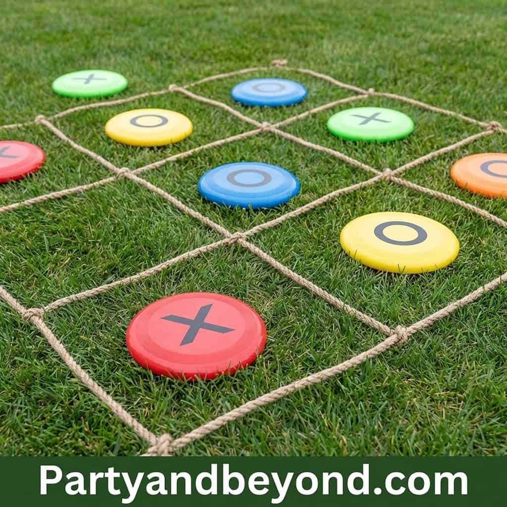 Outdoor Tic Tac Toe game with colorful stones on grass for summer parties.