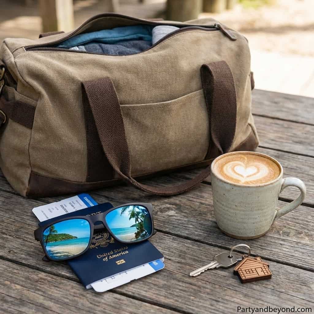 Travel bag with sunglasses, passport, and coffee for Mother's Day.