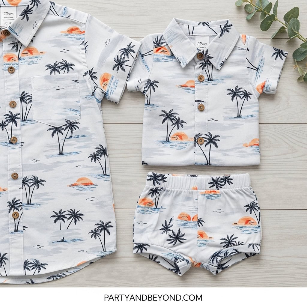 Coordinated tropical-themed family shirts and shorts for summer fun.