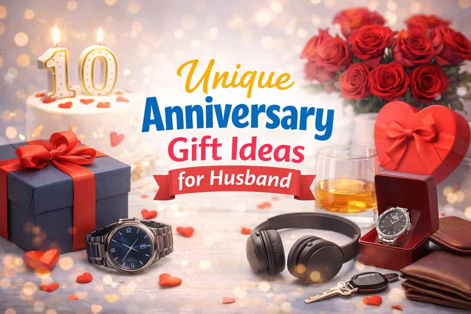 Unique anniversary gift ideas for husband with watches, headphones, and romantic roses.