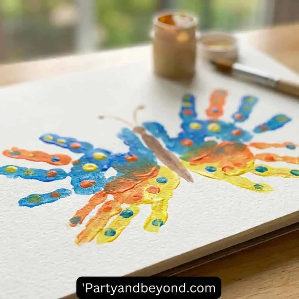 Colorful handprint butterfly craft for kids.