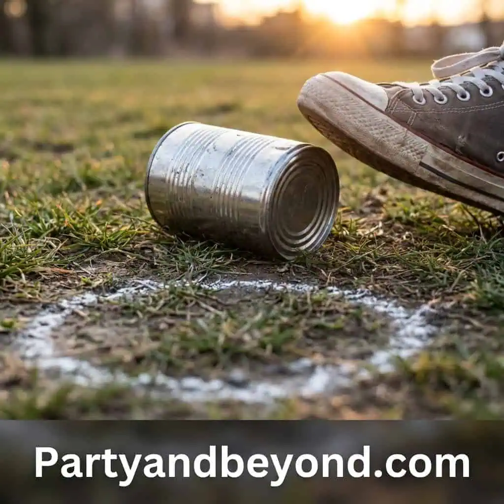 Can of food and sneaker on grass with a marked circle for outdoor game.