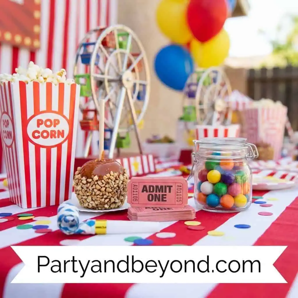 Colorful summer birthday party setup with popcorn, candy, and balloons.