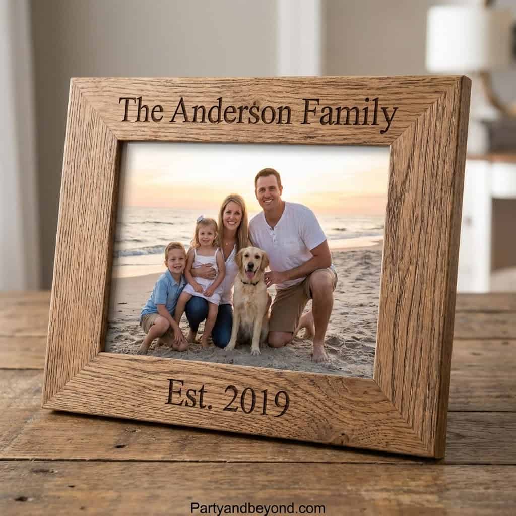 Personalized wooden family photo frame with custom engraving.