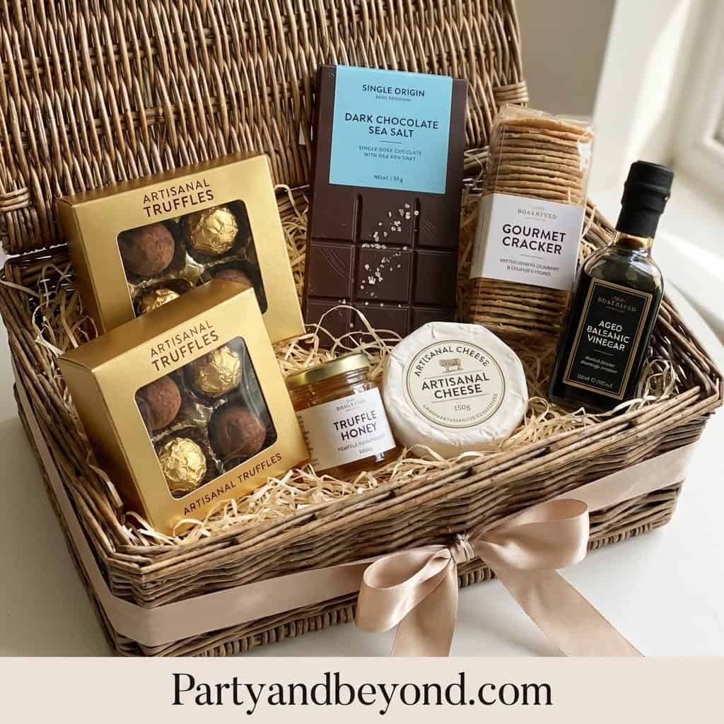 Gourmet gift basket with chocolates, cheese, crackers, and honey for Mother's Day 2026.