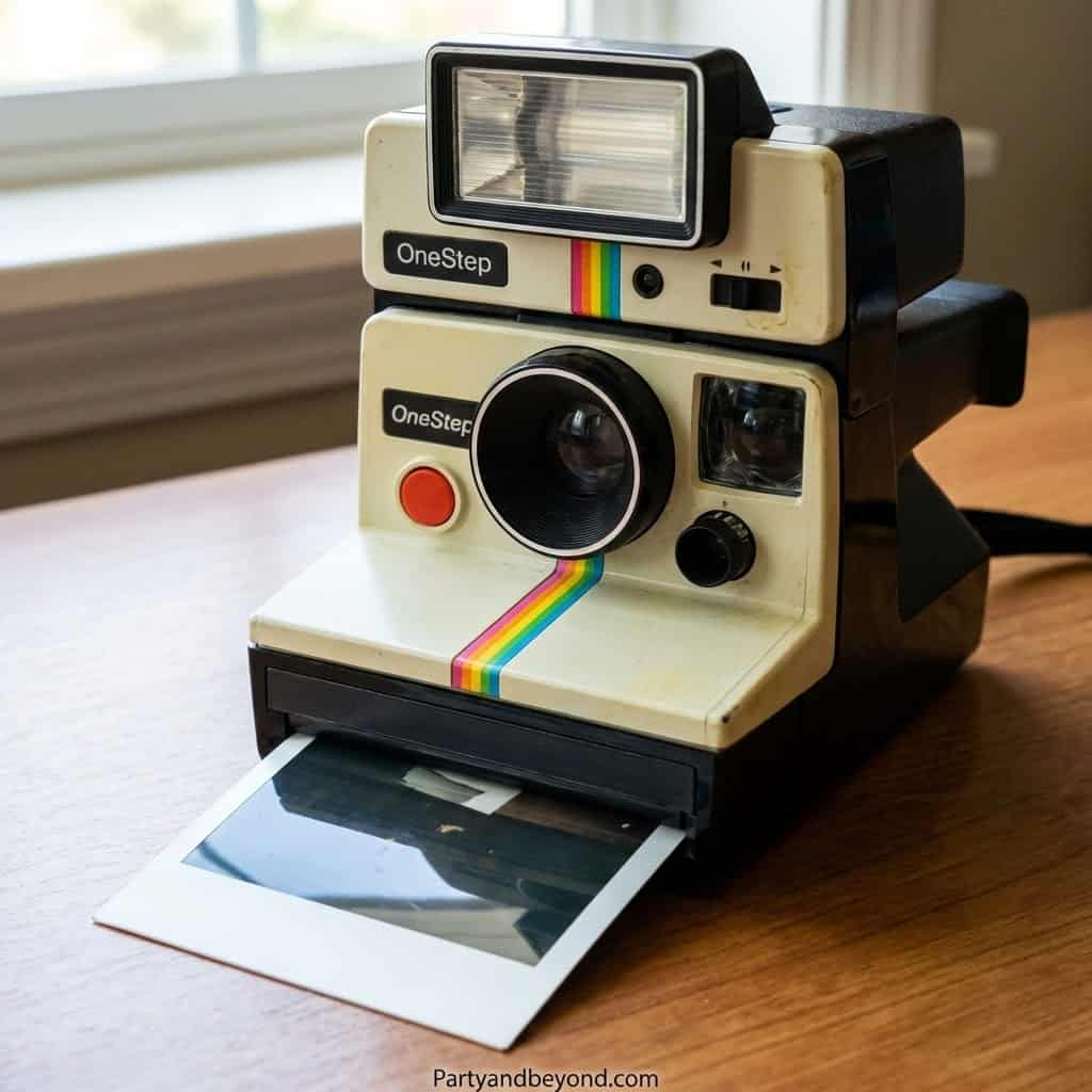 Vintage instant camera with rainbow stripe, perfect for birthday gift ideas for mom.