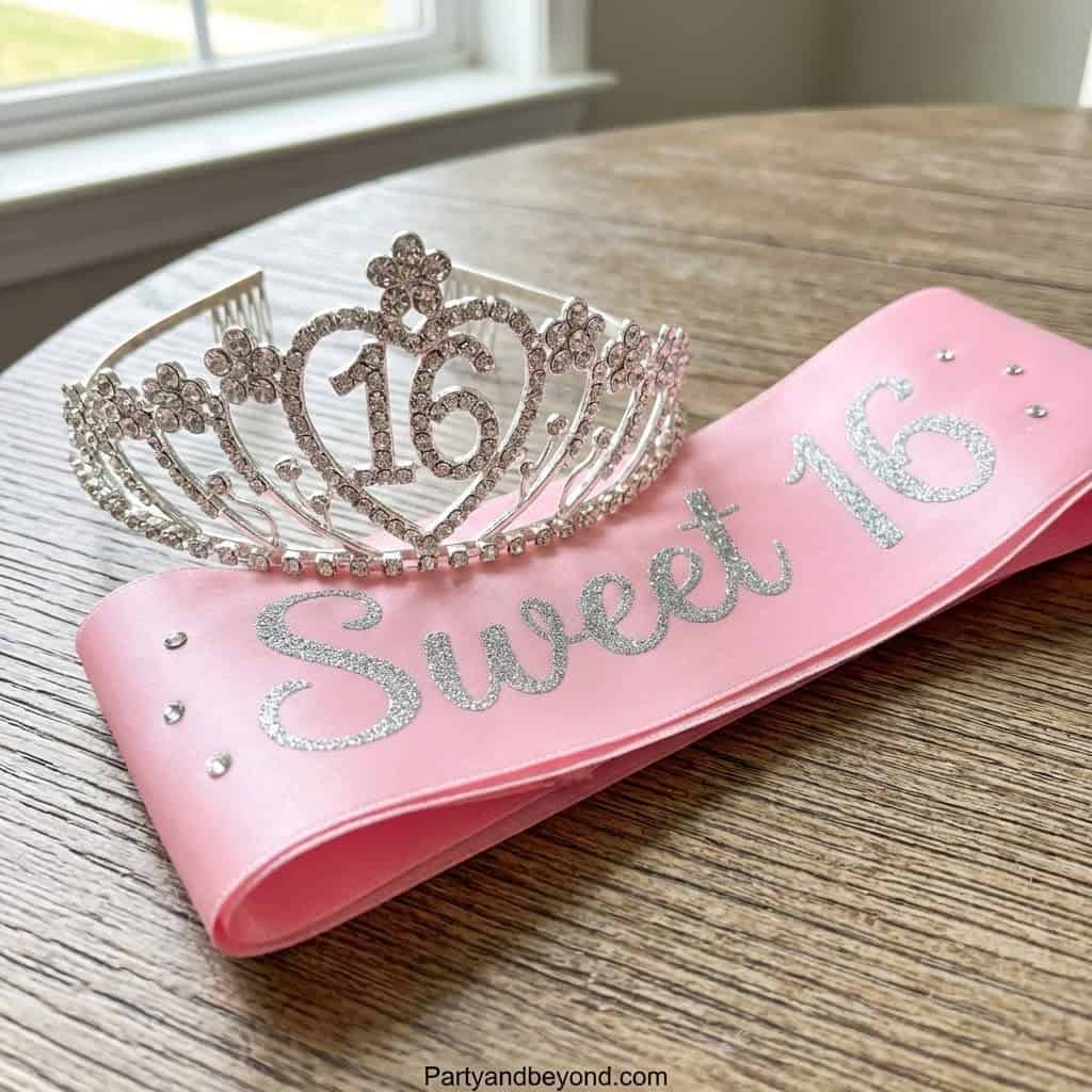 Elegant Sweet 16 tiara and sash for birthday celebrations.