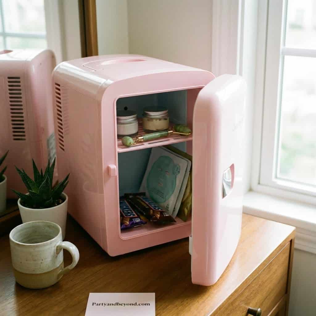Miniature pink fridge for kids' snacks and drinks.