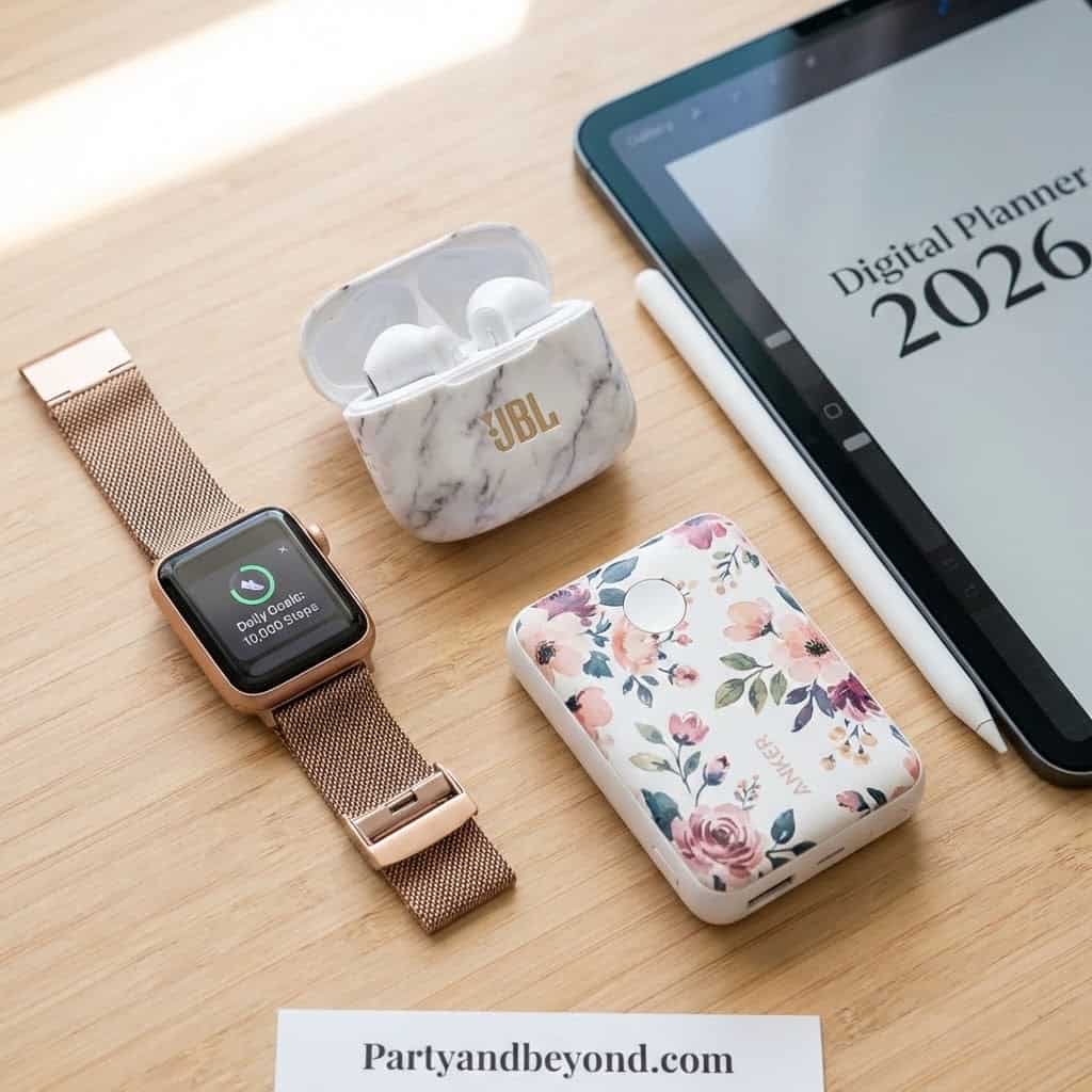 Wireless earbuds and tech accessories for celebrations.