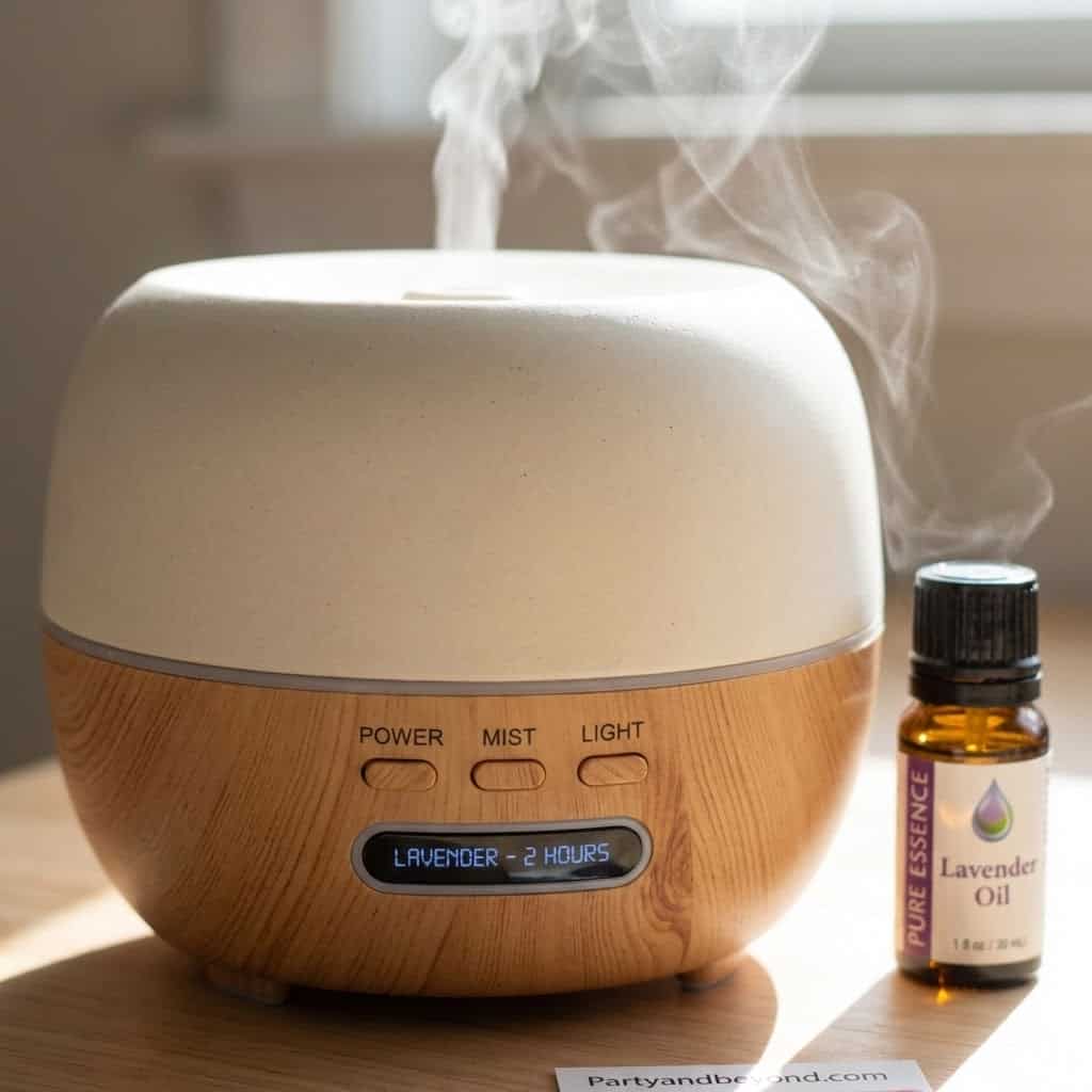 Lavender diffuser emitting steam with a bottle of lavender essential oil nearby, ideal for relaxing.