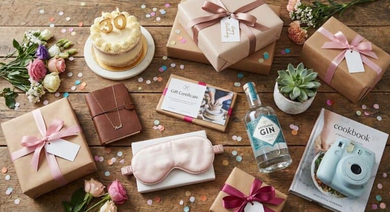 Beautiful 30th birthday gift ideas for women with wrapped presents, flowers, and celebration items.