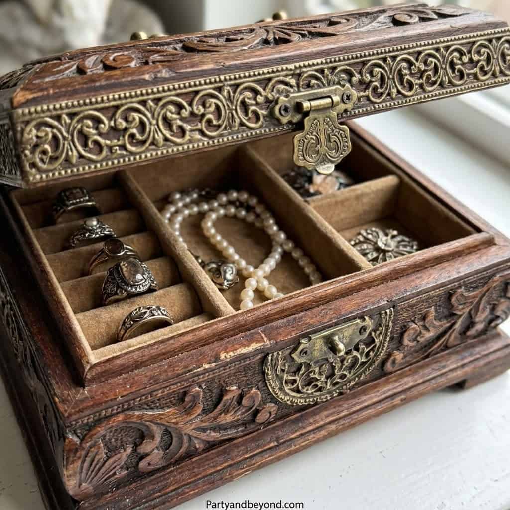 Elegant antique jewelry storage with rings, pearls, and accessories for birthdays and celebrations.