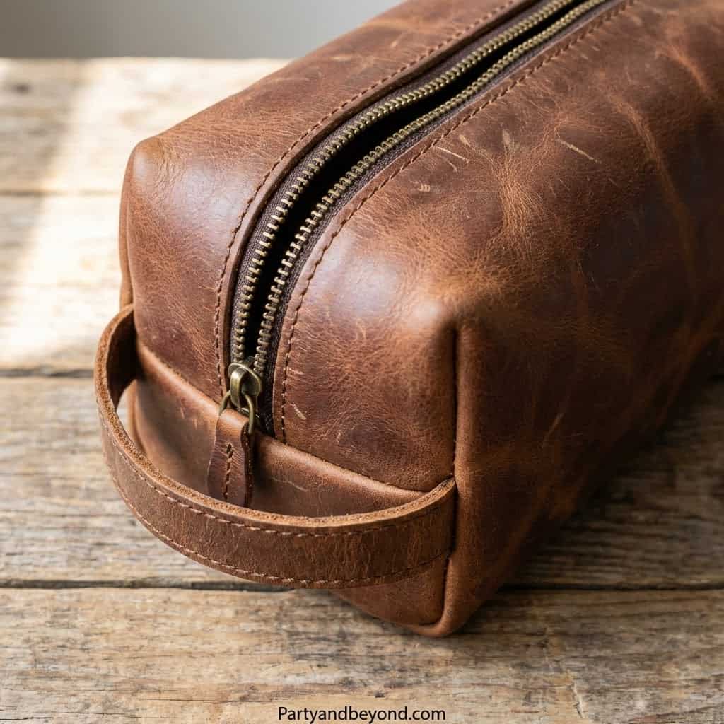 Elegant leather travel bag with sturdy zipper and handle, perfect for weekend trips.