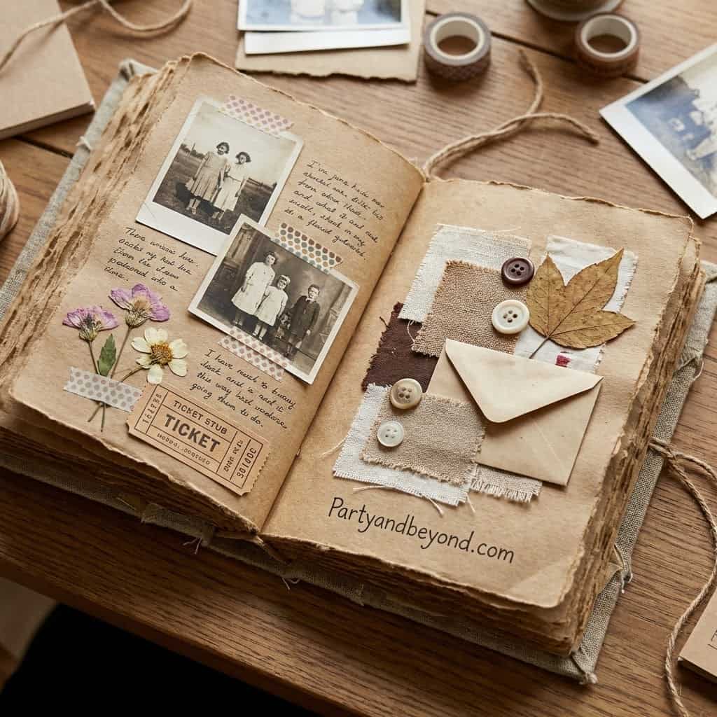 Vintage scrapbook with photos, buttons, leaves, and craft materials for personalized Mother's Day gi.