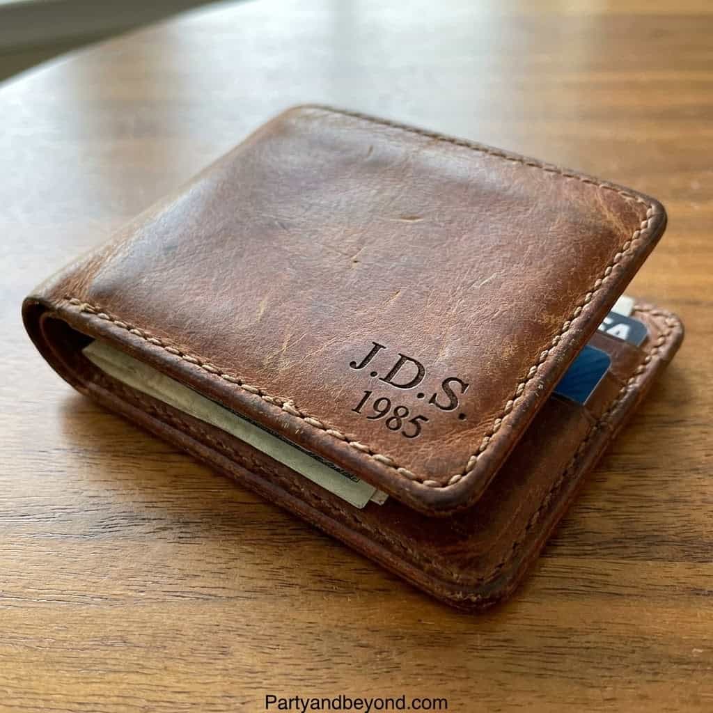 Wallet with initials J.D.S. and year 1985, perfect for unique anniversary gift ideas for husband.