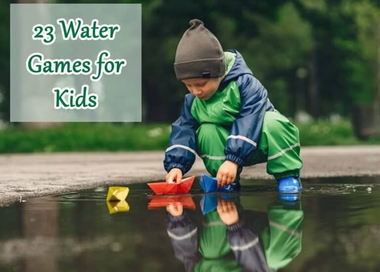 Child playing with toy boats in water, outdoor water games for kids.