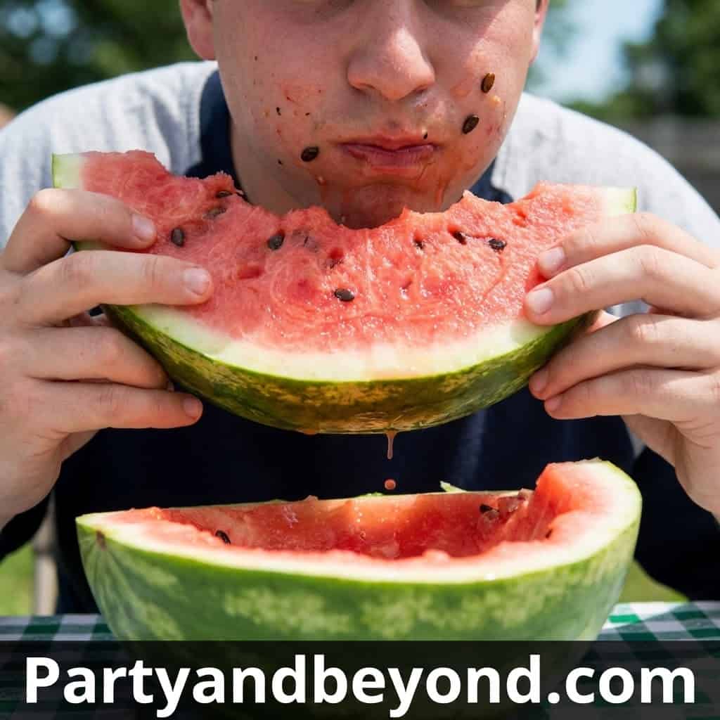 Person enjoying watermelon at summer party with watermelon slices.