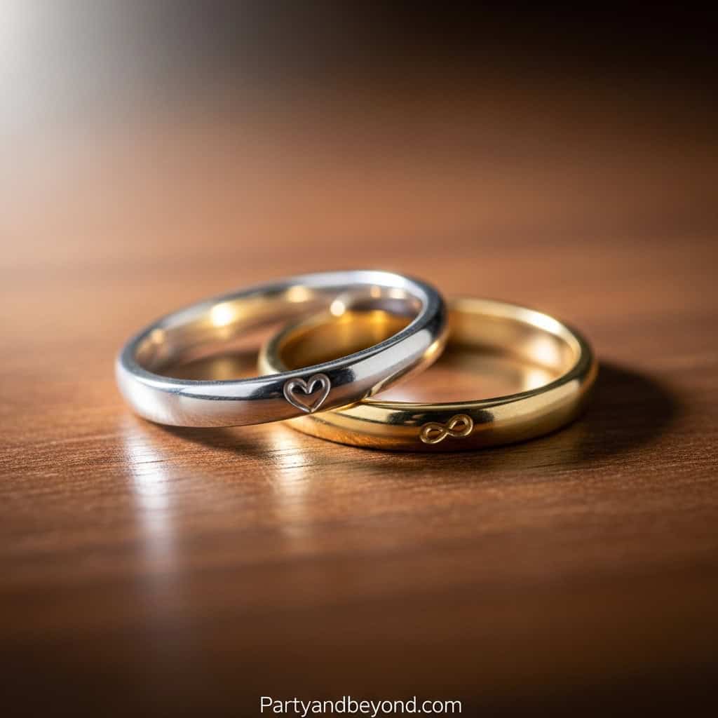 Elegant silver and gold wedding rings with heart and infinity symbols, perfect for celebrating a 21s.