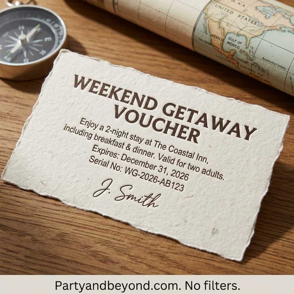 Weekend getaway voucher for women with a scenic background. Perfect gift idea for celebrating a 30th.
