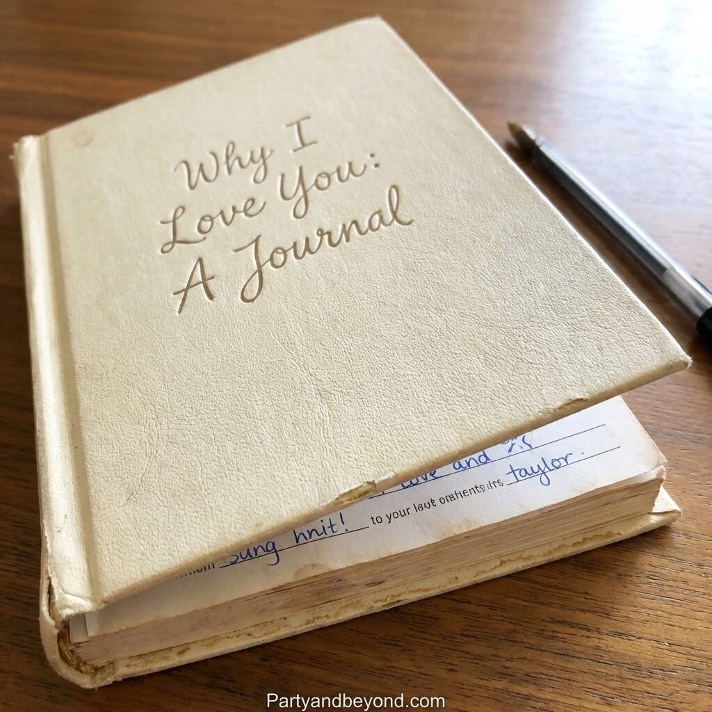 Close-up of "Why I Love You" journal with pen on wooden table.