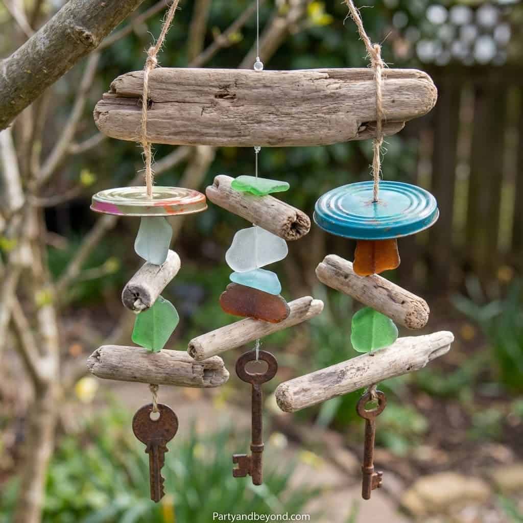 Handmade driftwood wind chime with seashells and keys, ideal for spring DIY kids' craft projects.