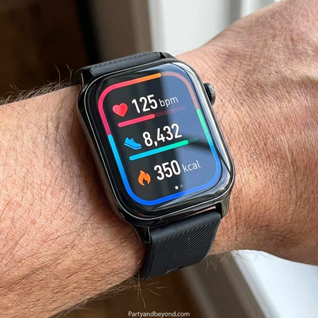 Smartwatch displaying heart rate, steps, and calories burned for fitness tracking.