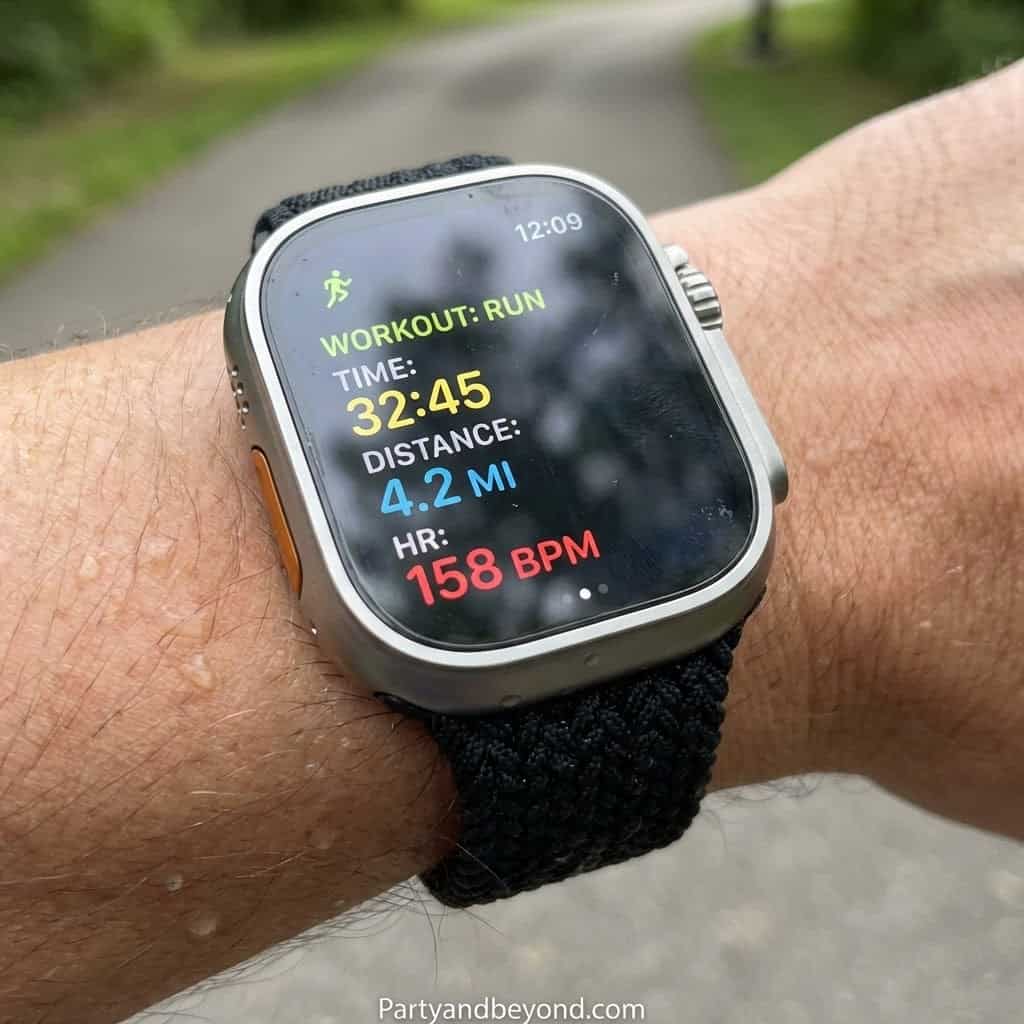 Workout watch showing running stats including time, distance, and heart rate.