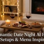 11 Romantic Date-Night at Home: Cozy Setups & Menu Inspiration Elegant indoor date night with wine, candles, and a delicious meal for a romantic evening at home.
