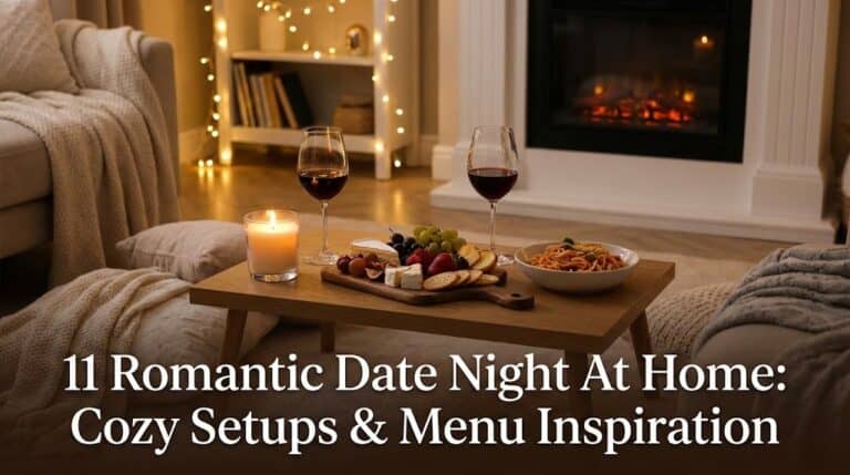 Elegant indoor date night with wine, candles, and a delicious meal for a romantic evening at home.