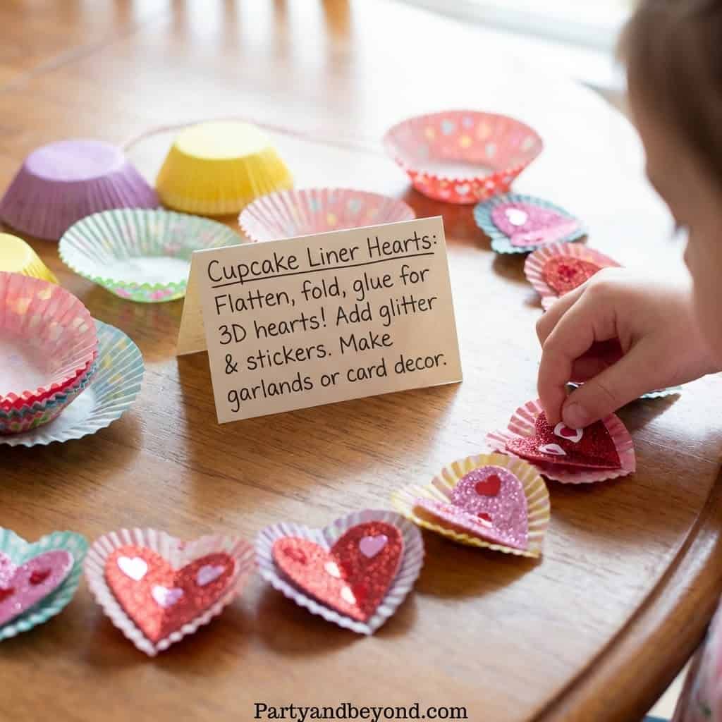 Valentine’s Day cupcake liner hearts craft for kids, perfect for DIY cards, banners, and decorations.