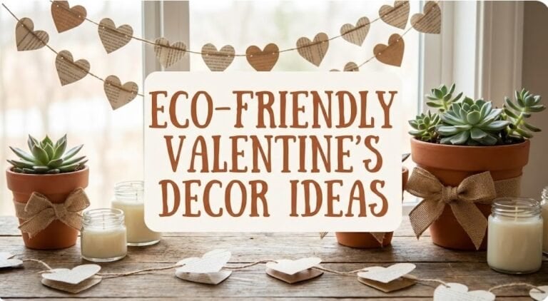 Sustainable Valentine’s Day decor with potted succulents and heart accents.