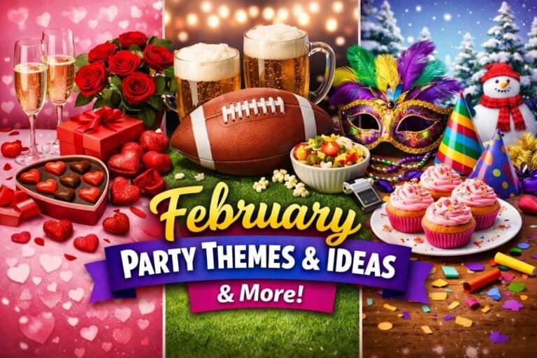Festive February party decorations featuring Valentine's Day, Super Bowl, and winter themes.