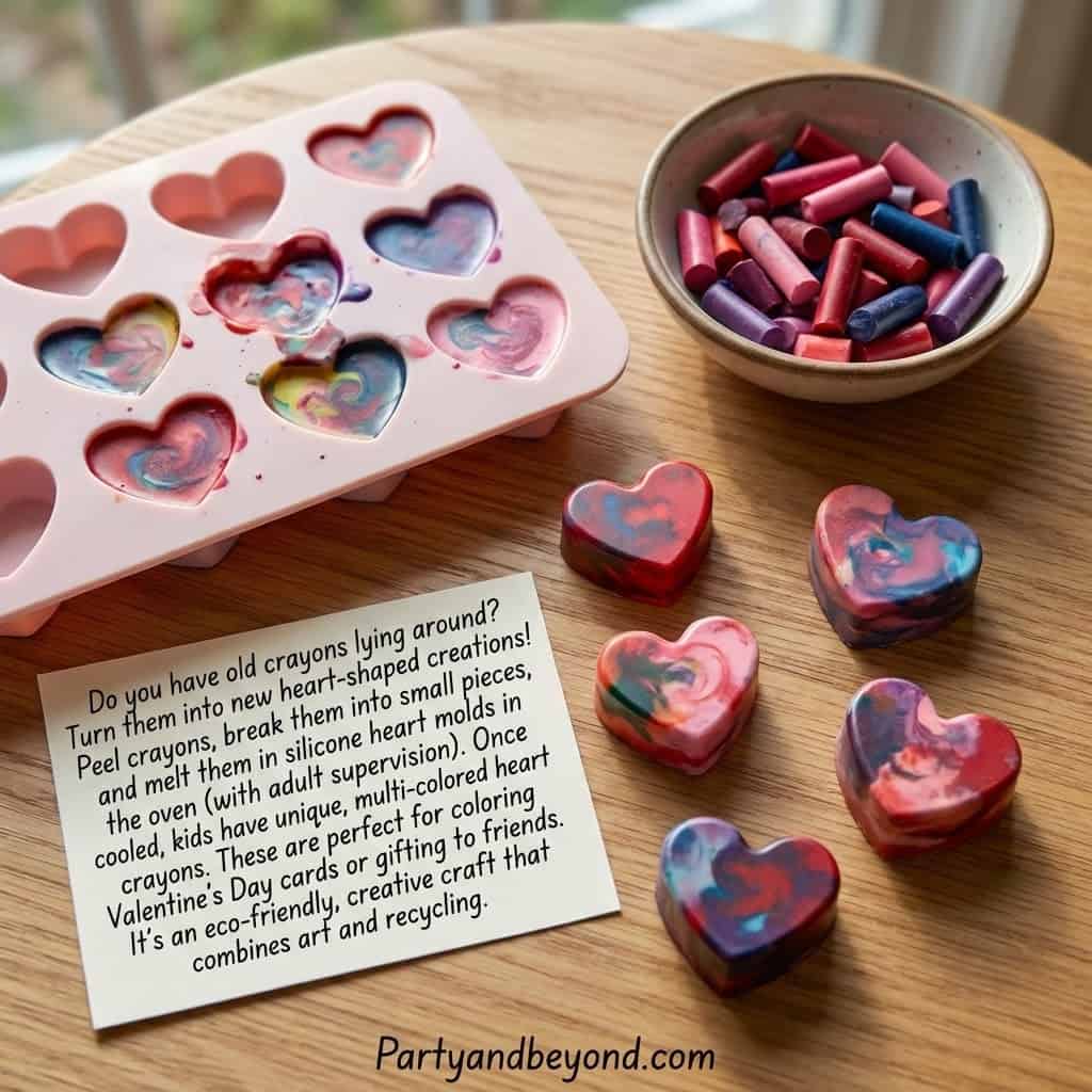 Heart-shaped crayon craft with colorful melted crayons for Valentine's Day kids' activity.