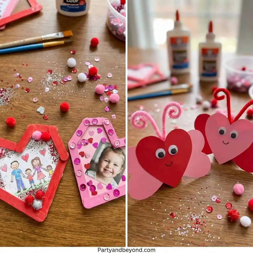 DIY Valentine’s Day crafts for kids with hearts, glitter, and photo frames.