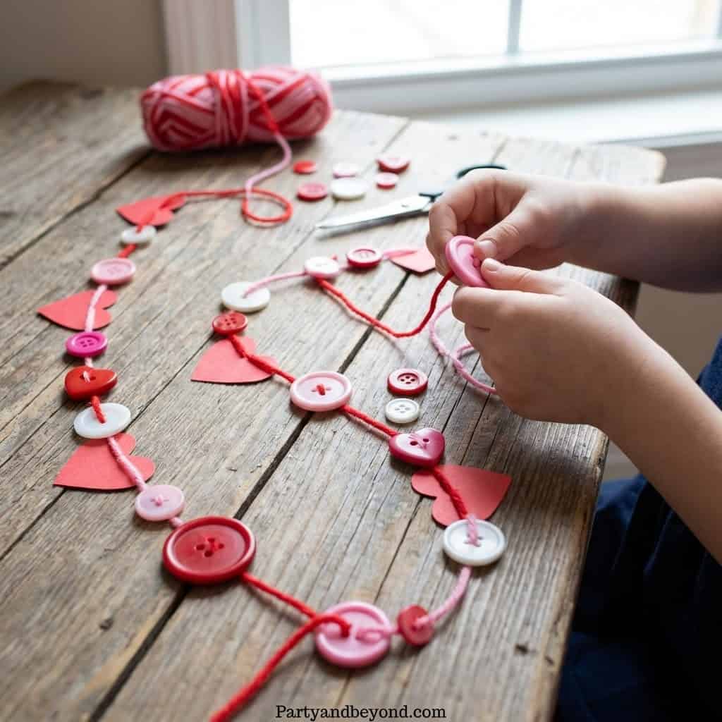 Creative DIY Valentine’s Day craft with buttons and yarn.