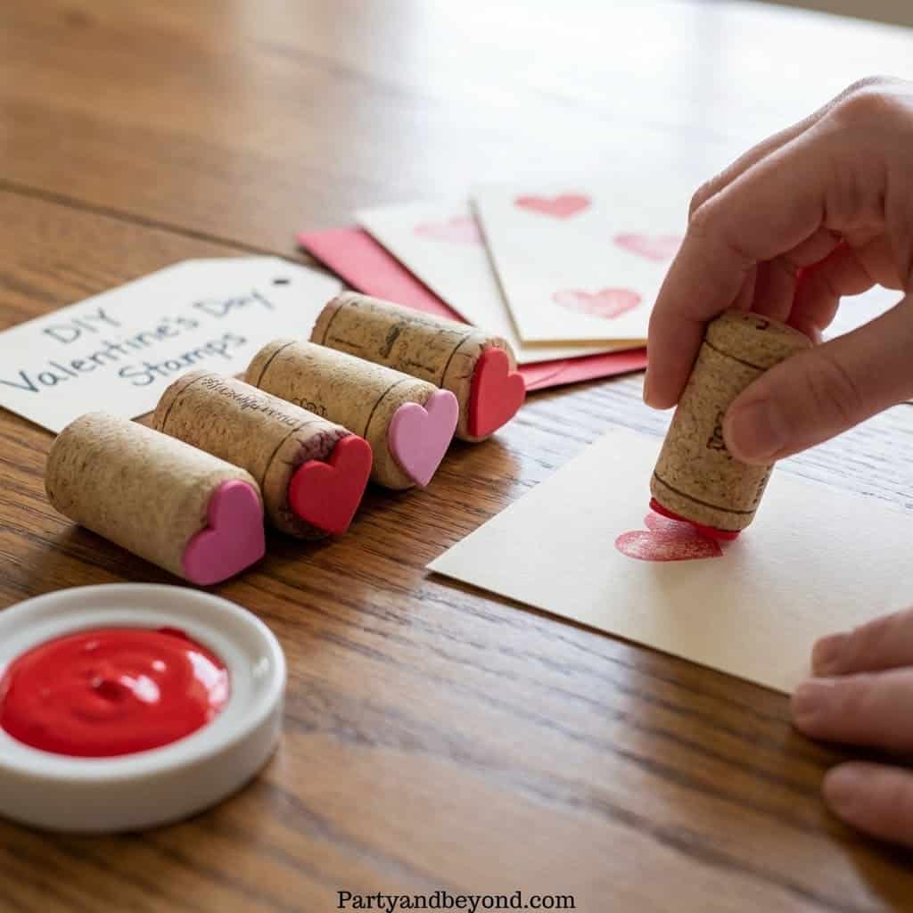 DIY Valentine’s Day card stamping with heart-shaped stamps.