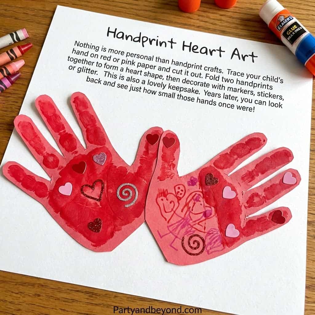 Handprint heart craft for kids with stickers and markers. Perfect for Valentine’s Day cards, banners.