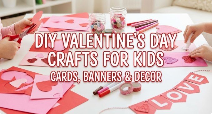 DIY Valentine’s Day crafts for kids with cards, banners, and decorations.