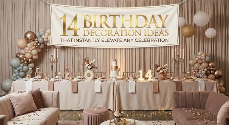 Elegant birthday party decor with balloons, flowers, and a stylish table setup for a memorable 14th.