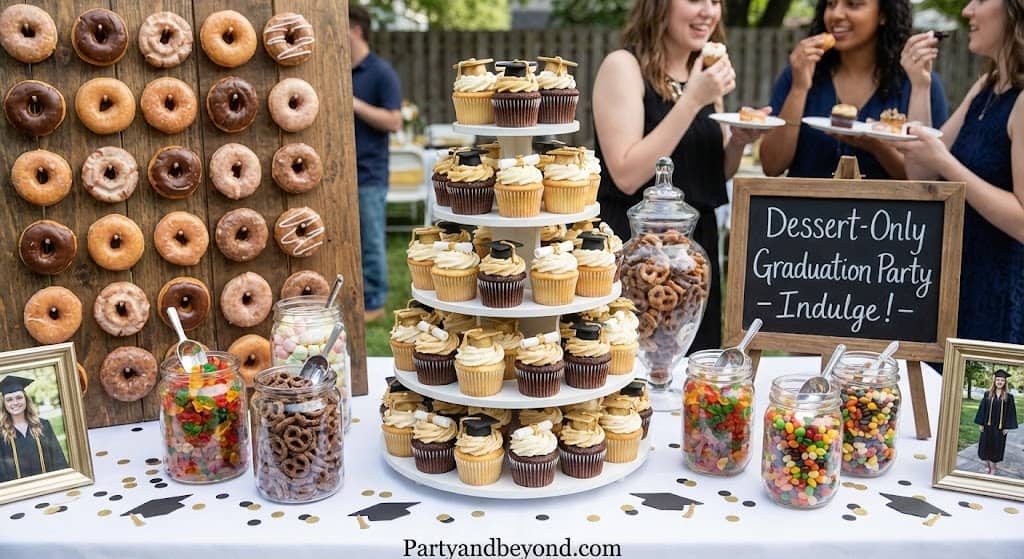 Graduation table decor with a "Class of 2024" sign, elegant tableware, and neutral tones for a styli.