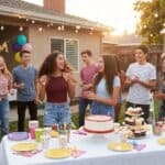 16 15th Birthday Party Ideas Vibrant 15th birthday party with friends enjoying cake and decorations outdoors. Perfect for celebra.