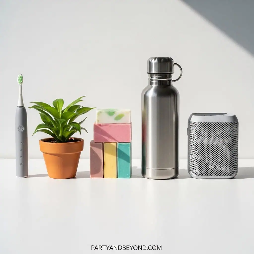 Eco-friendly reusable water bottle with soap, plant, and speaker for adult party hacks.