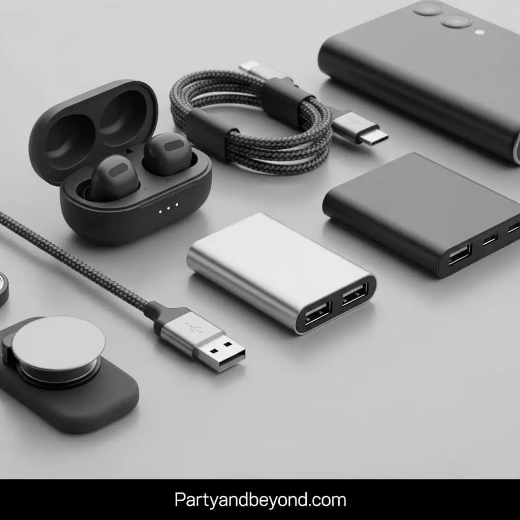 Collection of tech gadgets including chargers, earbuds, and power banks for adult party planning.