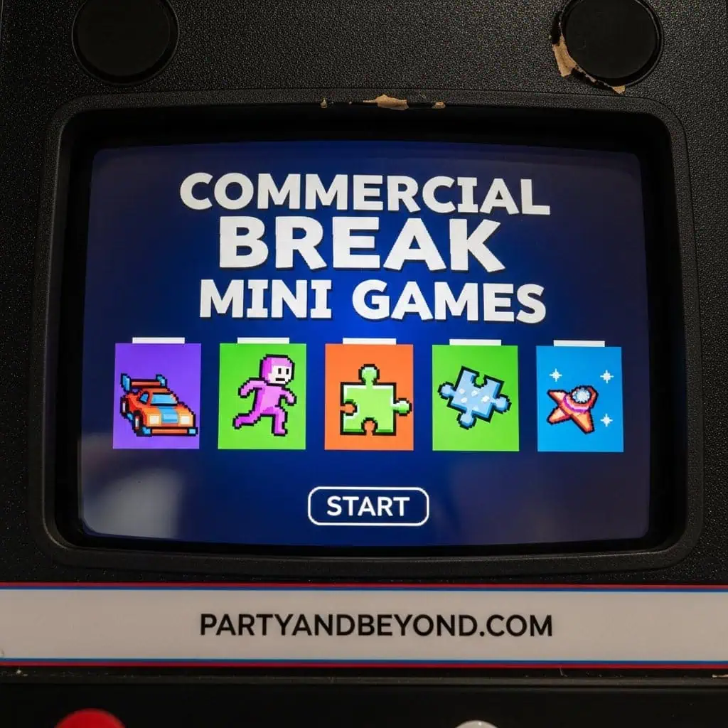 Retro mini game arcade screen with pixel art graphics for Super Bowl party fun.