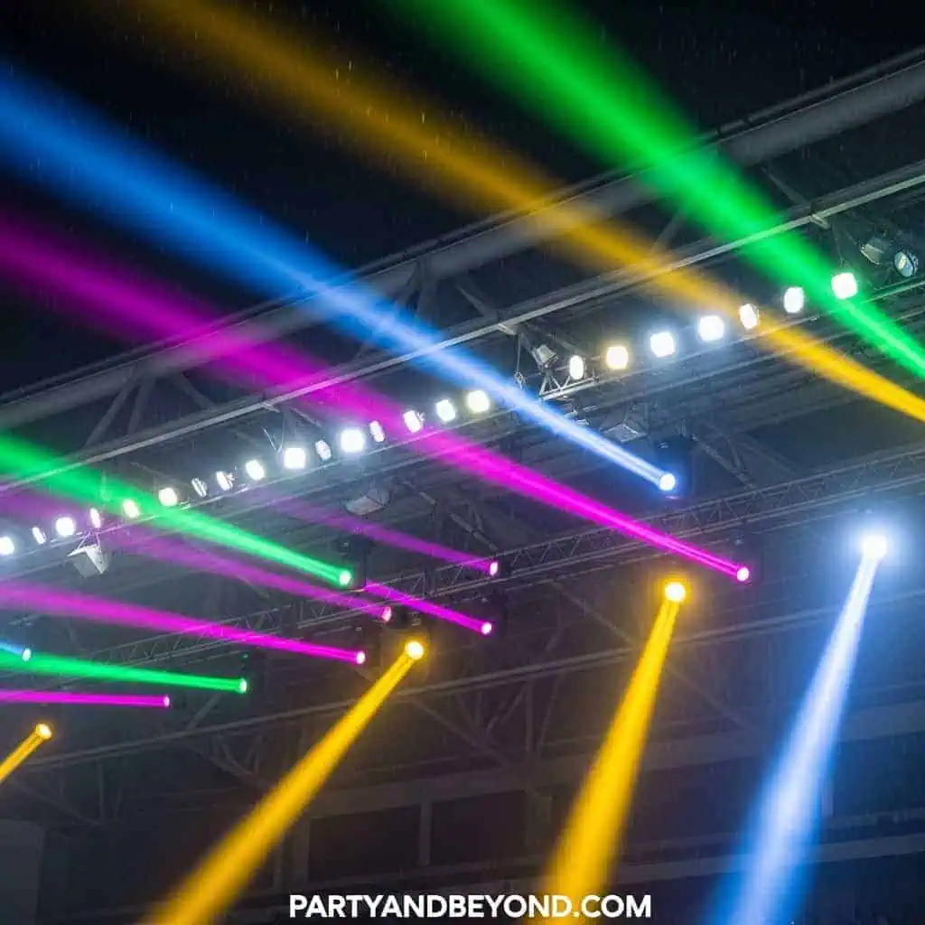 Vibrant colorful stage lighting for a Super Bowl party setup.
