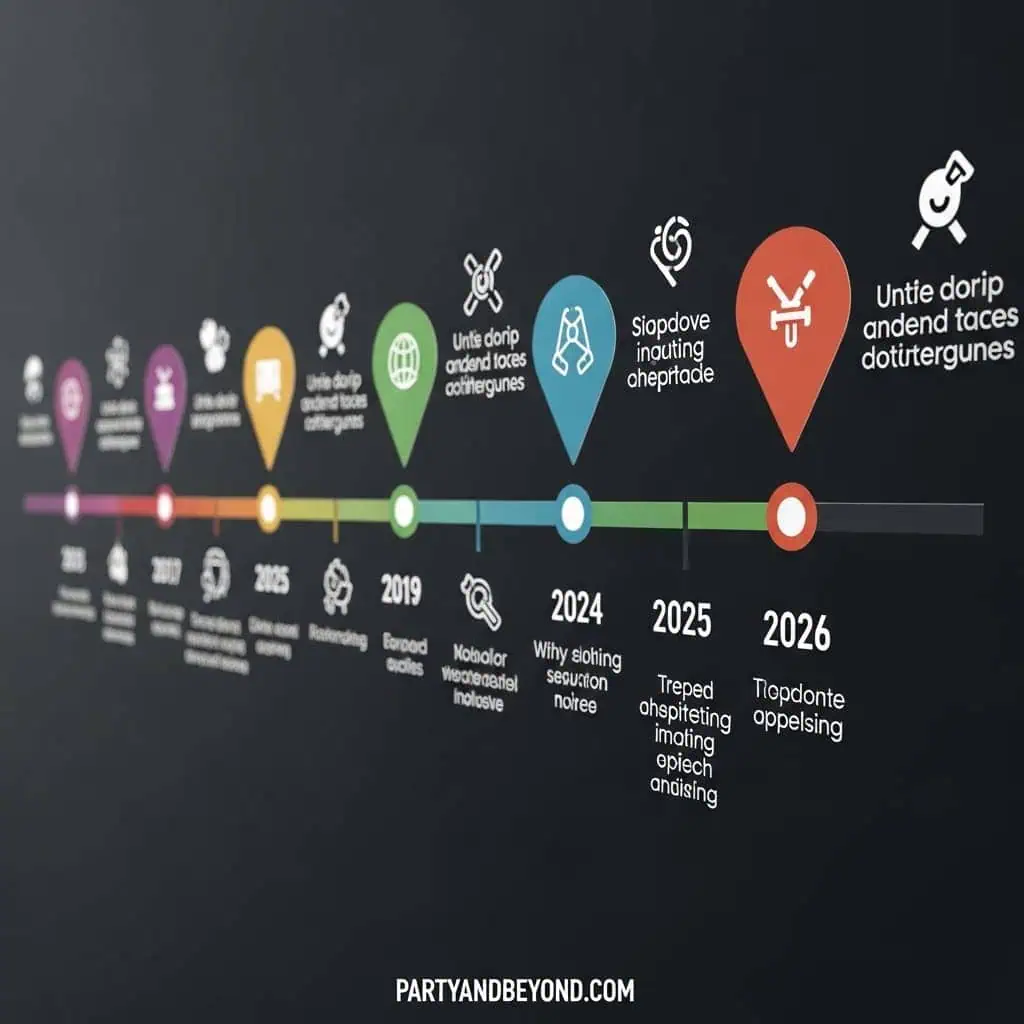 Timeline graphic for adult gift and party planning hacks from 2014 to 2026.