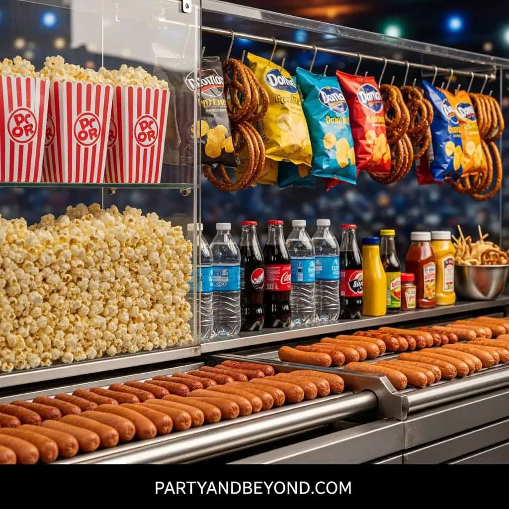 Snack station with popcorn, chips, and hot dogs for game day.