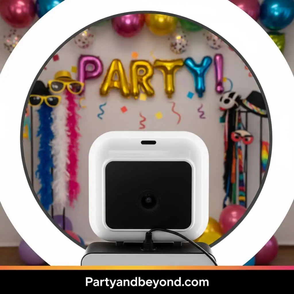 Party photo booth with colorful decorations and balloons.