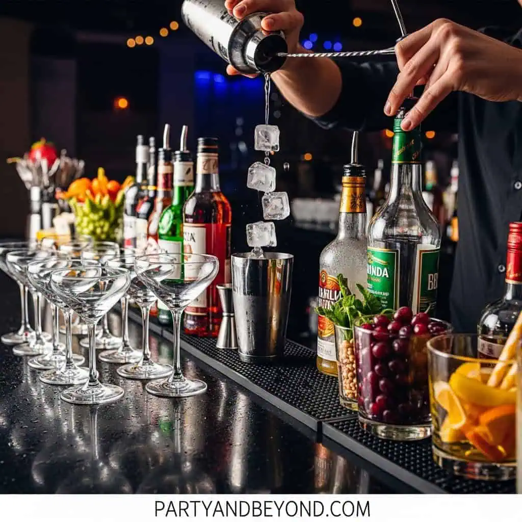 Bar setup with liquor bottles and cocktail glasses for a game-day celebration.