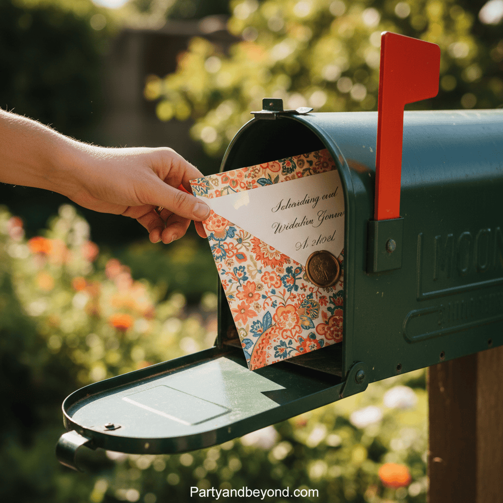 Colorful wedding letters arriving in a mailbox.